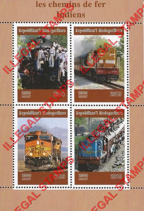Madagascar 2019 Trains in India Illegal Stamp Souvenir Sheet of 4