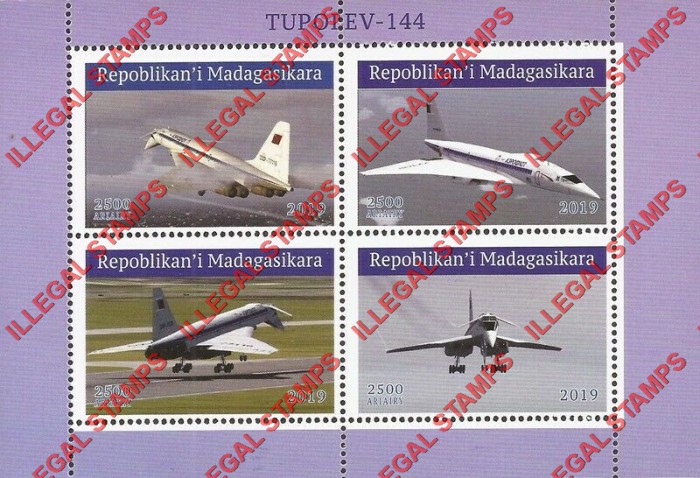 Madagascar 2019 Tupolev-144 Supersonic Jets Illegal Stamp Souvenir Sheet of 4