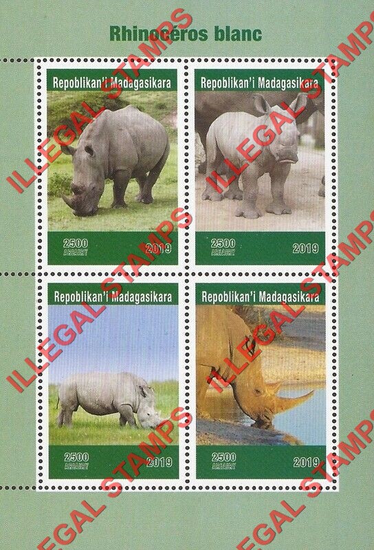 Madagascar 2019 White Rhinoceros Illegal Stamp Souvenir Sheet of 4