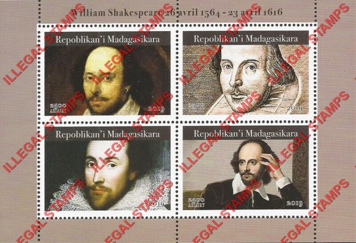 Madagascar 2019 William Shakespeare Illegal Stamp Souvenir Sheet of 4