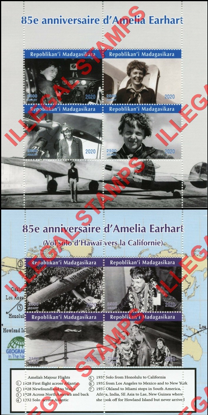 Madagascar 2020 Amelia Earhart Illegal Stamp Souvenir Sheets of 4