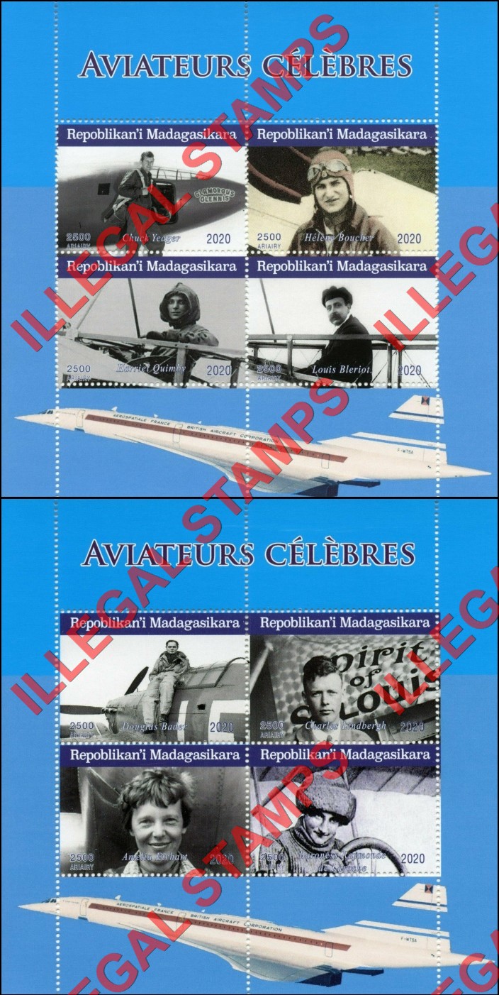 Madagascar 2020 Aviation Celebrities Illegal Stamp Souvenir Sheets of 4