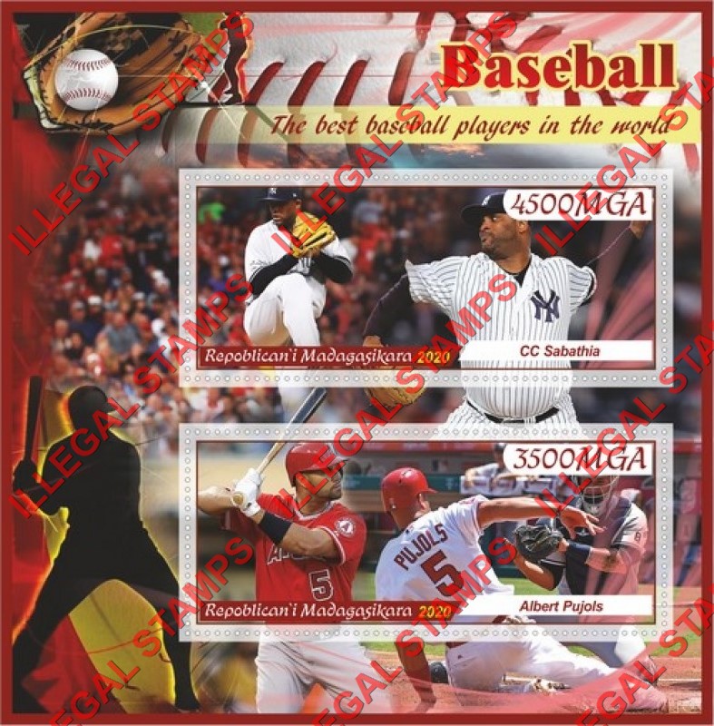 Madagascar 2020 Baseball Players Illegal Stamp Souvenir Sheet of 2