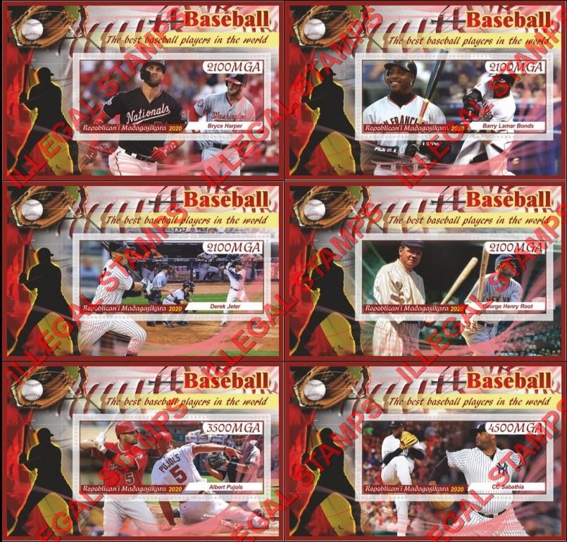 Madagascar 2020 Baseball Players Illegal Stamp Souvenir Sheets of 1