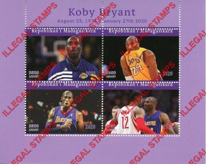 Madagascar 2020 Basketball Kobe Bryant (spelled Koby) Illegal Stamp Souvenir Sheet of 4