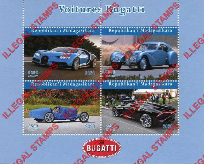 Madagascar 2020 Cars Bugatti Illegal Stamp Souvenir Sheet of 4