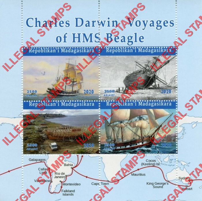 Madagascar 2020 Charles Darwin Ships HMS Beagle Illegal Stamp Souvenir Sheet of 4