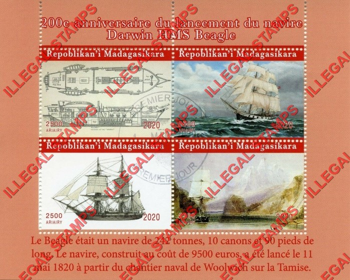 Madagascar 2020 Charles Darwin Ships HMS Beagle (different) Illegal Stamp Souvenir Sheet of 4