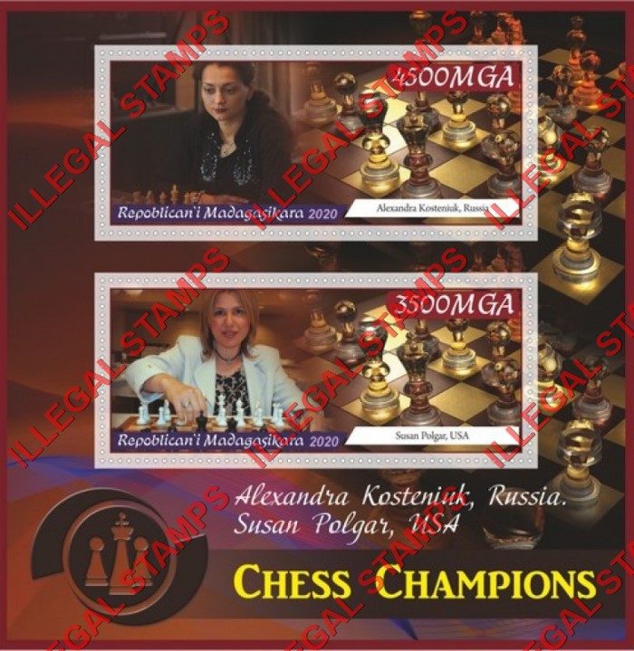 Madagascar 2020 Chess Champions Illegal Stamp Souvenir Sheet of 2