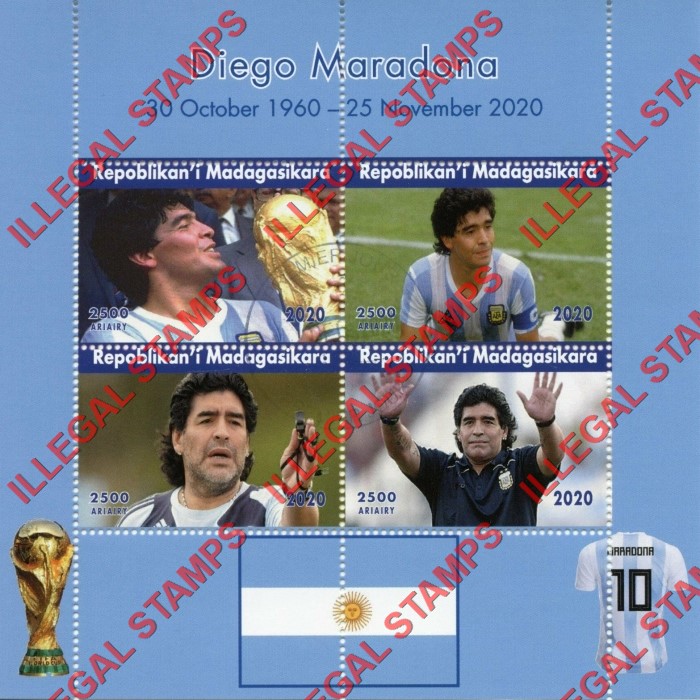 Madagascar 2020 Diego Maradona Soccer Football Illegal Stamp Souvenir Sheet of 4