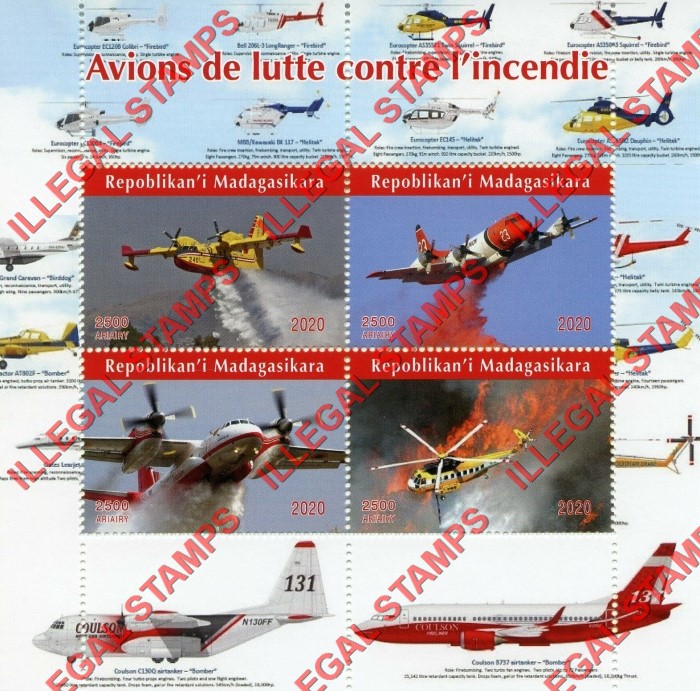 Madagascar 2020 Firefighting Aircraft Illegal Stamp Souvenir Sheet of 4