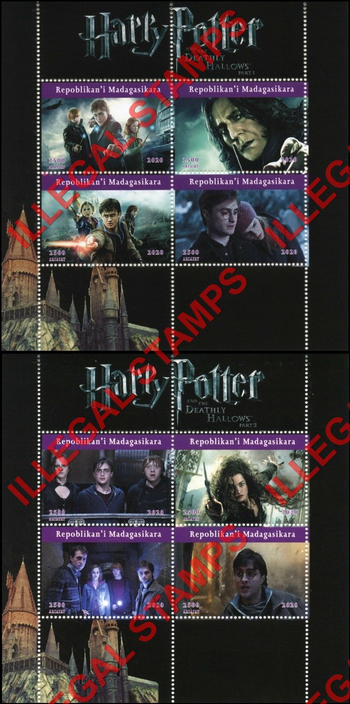 Madagascar 2020 Harry Potter and the Deathly Hallows Part 1 and 2 Illegal Stamp Souvenir Sheets of 4