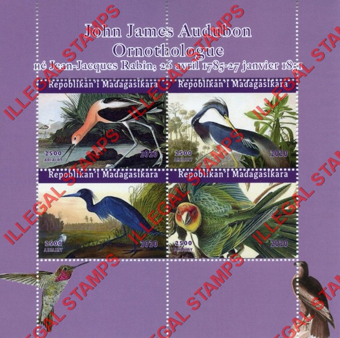 Madagascar 2020 John J. Audubon Birds (different) Illegal Stamp Souvenir Sheet of 4