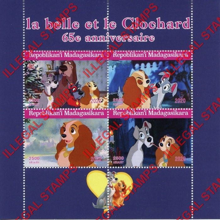 Madagascar 2020 Lady and the Tramp Cartoon Illegal Stamp Souvenir Sheet of 4