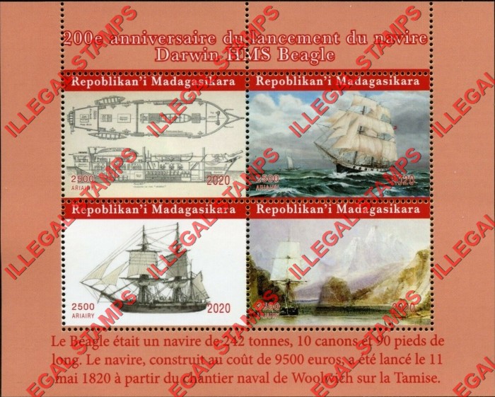 Madagascar 2020 Launch of Darwin's HMS Beagle Sailing Ship Illegal Stamp Souvenir Sheet of 4