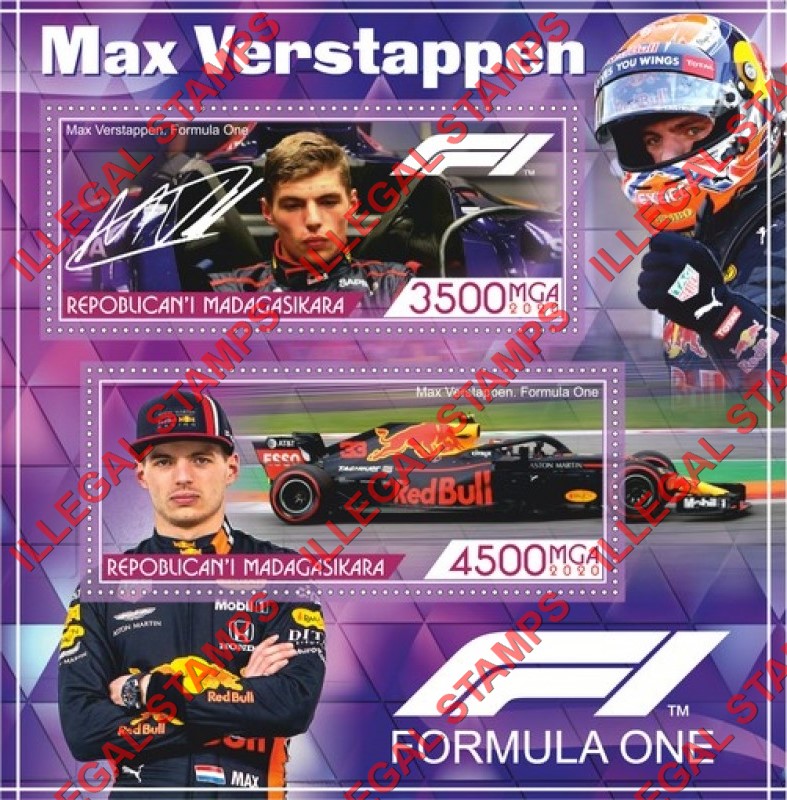Madagascar 2020 Max Verstappen Formula I Illegal Stamp Souvenir Sheet of 2