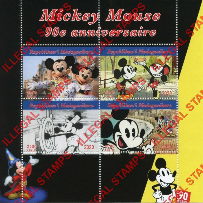 Madagascar 2020 Mickey Mouse 90th Anniversary Illegal Stamp Souvenir Sheet of 4