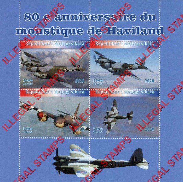 Madagascar 2020 Military Aircraft Haviland Mosquito Illegal Stamp Souvenir Sheet of 4
