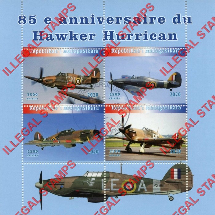 Madagascar 2020 Military Aircraft Hawker Hurricane Illegal Stamp Souvenir Sheet of 4