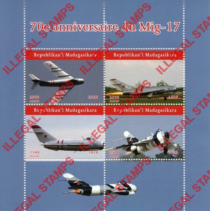 Madagascar 2020 Military Aircraft Mig-17 Illegal Stamp Souvenir Sheet of 4