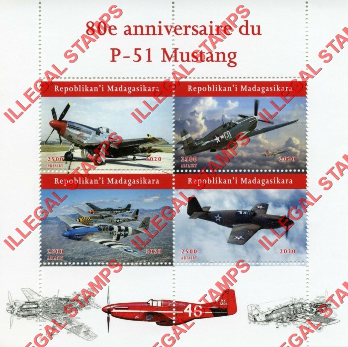 Madagascar 2020 Military Aircraft P-51 Mustang Illegal Stamp Souvenir Sheet of 4