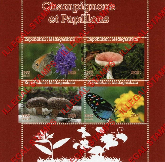 Madagascar 2020 Mushrooms and Butterflies Illegal Stamp Souvenir Sheet of 4