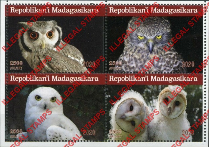 Madagascar 2020 Owls Illegal Stamp Souvenir Sheet of 4 with no Inscriptions