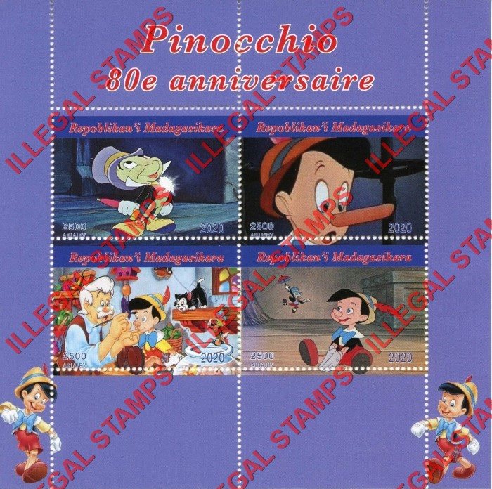 Madagascar 2020 Pinocchio 80th Anniversary Illegal Stamp Souvenir Sheet of 4
