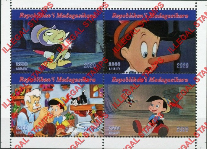 Madagascar 2020 Pinocchio 80th Anniversary Illegal Stamp Souvenir Sheet of 4 with no Inscriptions