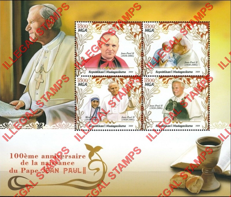 Madagascar 2020 Pope John Paul II Illegal Stamp Souvenir Sheet of 4