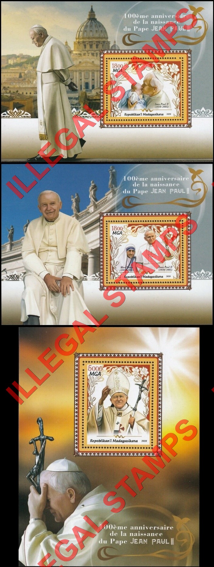 Madagascar 2020 Pope John Paul II Illegal Stamp Souvenir Sheets of 1 (Part 2)
