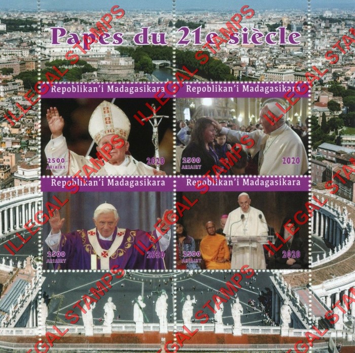 Madagascar 2020 Popes of the 21st Century Illegal Stamp Souvenir Sheet of 4