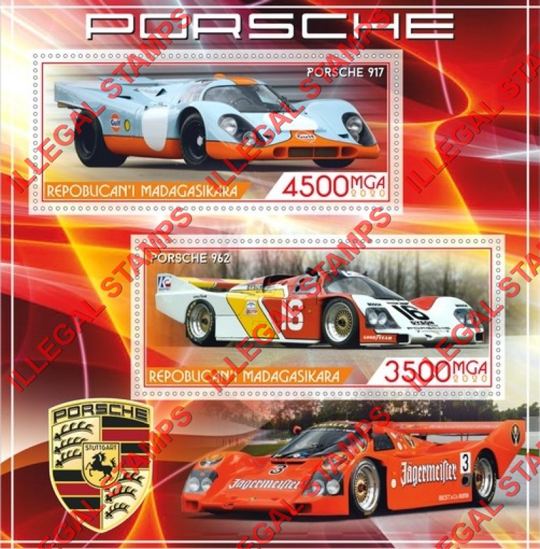Madagascar 2020 Porsche Race Cars Illegal Stamp Souvenir Sheet of 2