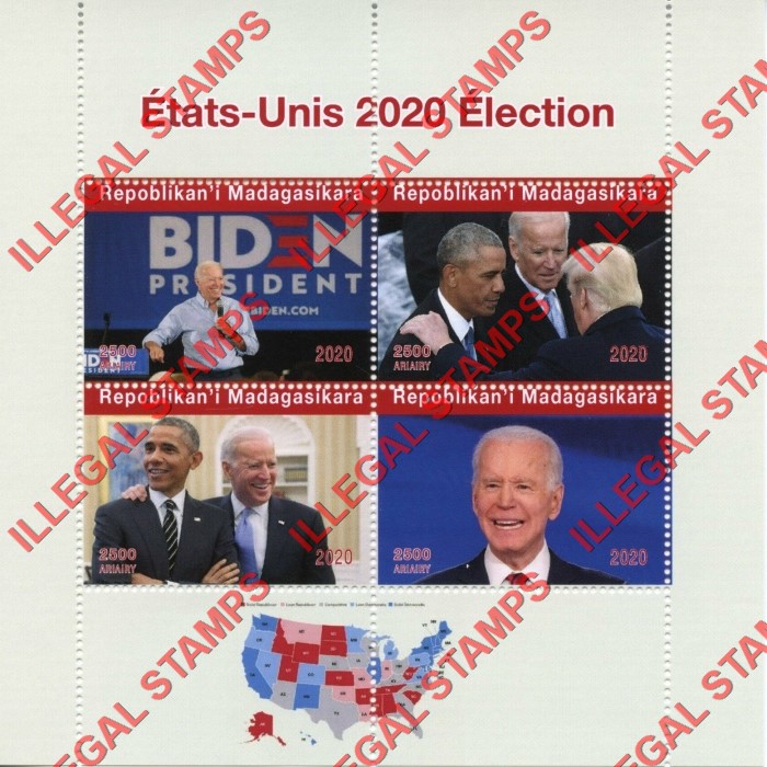 Madagascar 2020 Presidential Election Biden Illegal Stamp Souvenir Sheet of 4