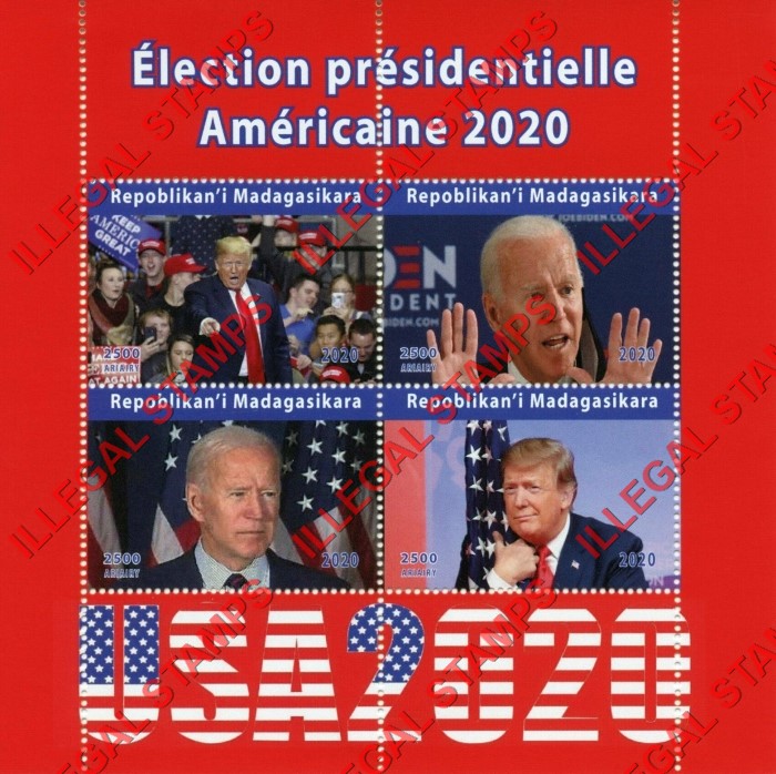 Madagascar 2020 Presidential Election Biden and Trump Illegal Stamp Souvenir Sheet of 4