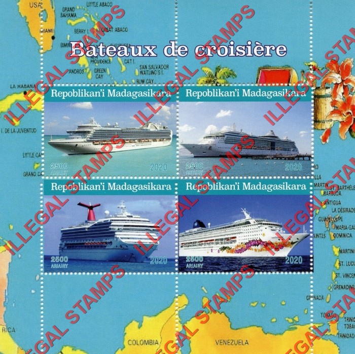 Madagascar 2020 Ships Cruise Ships Illegal Stamp Souvenir Sheet of 4