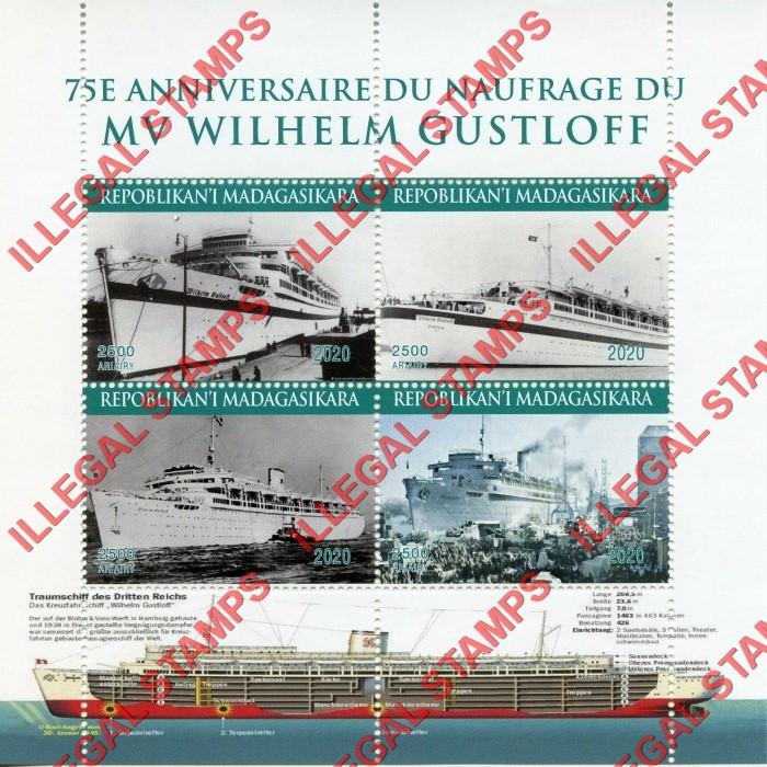 Madagascar 2020 Ships Wilhelm Gustloff Illegal Stamp Souvenir Sheet of 4