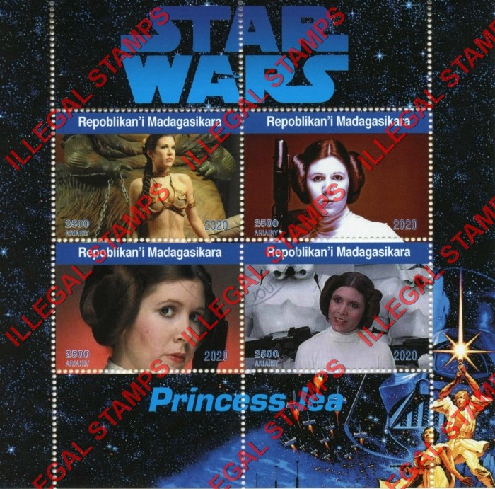 Madagascar 2020 Star Wars Princess Leia Carrie Fisher Illegal Stamp Souvenir Sheet of 4