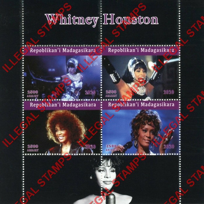 Madagascar 2020 Whitney Houston Illegal Stamp Souvenir Sheet of 4