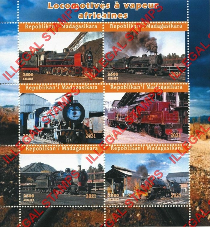 Madagascar 2021 African Steam Locomotives Illegal Stamp Souvenir Sheet of 6