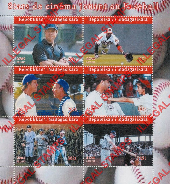 Madagascar 2021 Baseball Movie Star Players Illegal Stamp Souvenir Sheet of 6