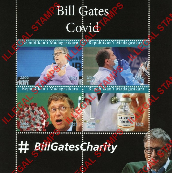 Madagascar 2021 Bill Gates Covid-19 Illegal Stamp Souvenir Sheet of 4