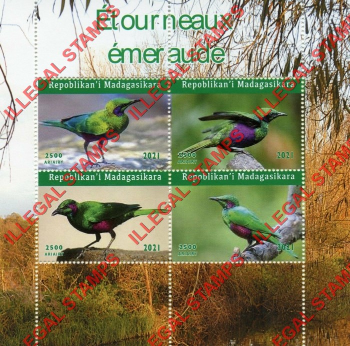 Madagascar 2021 Birds Emerald Starlings Illegal Stamp Souvenir Sheet of 4