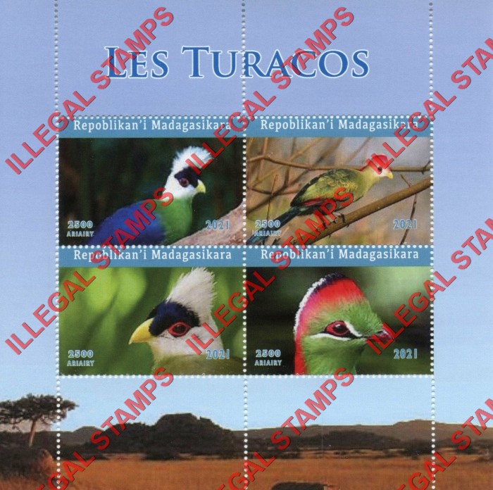 Madagascar 2021 Birds Turacos Illegal Stamp Souvenir Sheet of 4