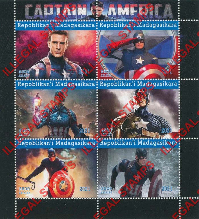 Madagascar 2021 Captain America Marvel Comics Illegal Stamp Souvenir Sheets of 6