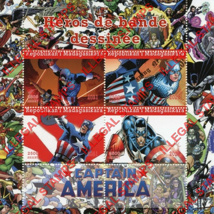 Madagascar 2021 Comic Heroes Captain America Illegal Stamp Souvenir Sheet of 4