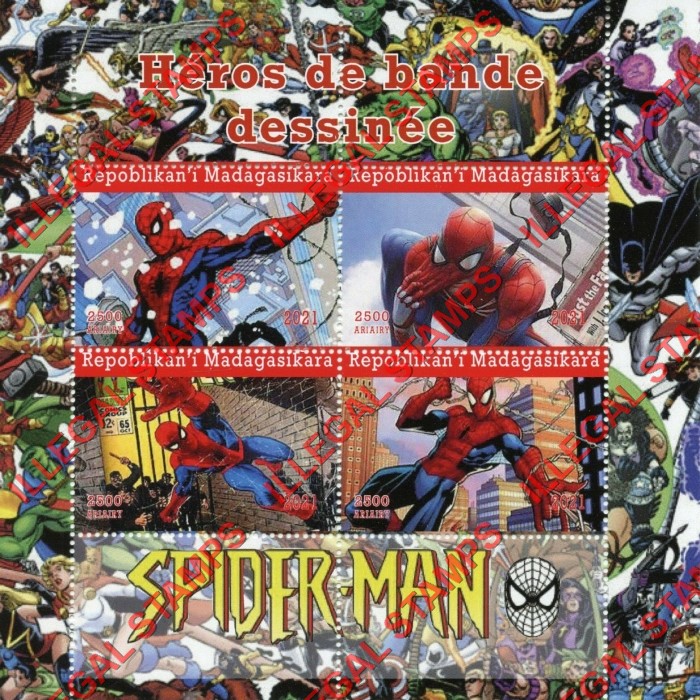 Madagascar 2021 Comic Heroes Spiderman Illegal Stamp Souvenir Sheet of 4