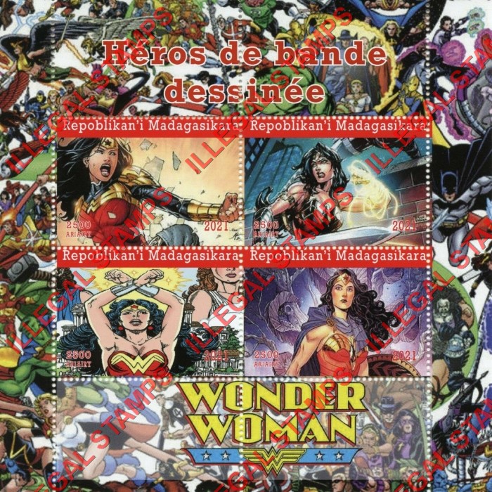 Madagascar 2021 Comic Heroes Wonder Woman Illegal Stamp Souvenir Sheet of 4