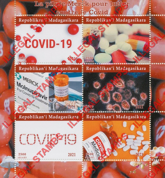 Madagascar 2021 Covid-19 Merck Pill Illegal Stamp Souvenir Sheet of 6