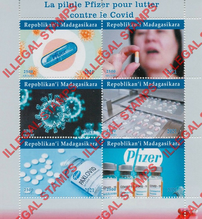Madagascar 2021 Covid-19 Pfizer Vaccine Illegal Stamp Souvenir Sheet of 6